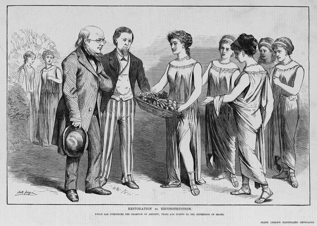 Detail of Restoration vs. Reconstruction. Uncle Sam introduces the Champion of Amnesty, Peace and Plenty to the Sisterhood of States by Anonymous