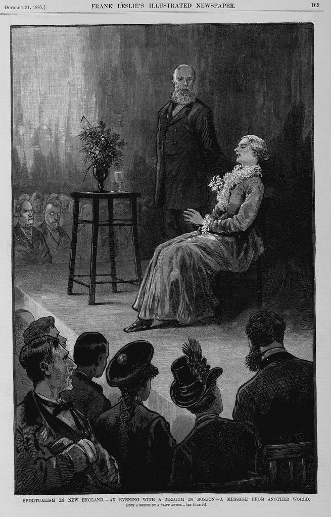 Detail of Spiritualism in New England - an evening with a medium in Boston - A message from another world. From a sketch by a staff artist by Anonymous