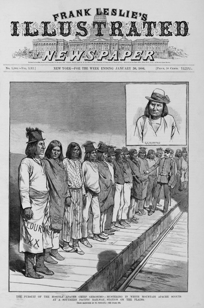 Detail of The pursuit of the hostile Apache Chief Geranimo - mustering in White Mountain Apache scouts at a Southern Pacific Railway Station on the plains. Fro by Anonymous