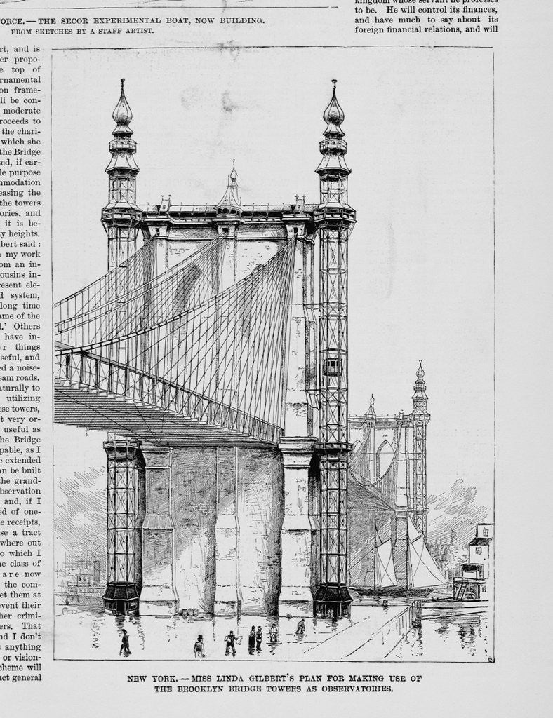 Detail of New York - Miss Linda Gilbert's plan for making use of the Brooklyn Bridge Towers as observatories by Anonymous