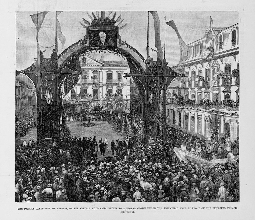Detail of The Panama Canal - M. De Lesseps, on his arrival at Panama, receiving a floral crown under the triumphal arch in front of the Episcopal Palace. See p by Anonymous