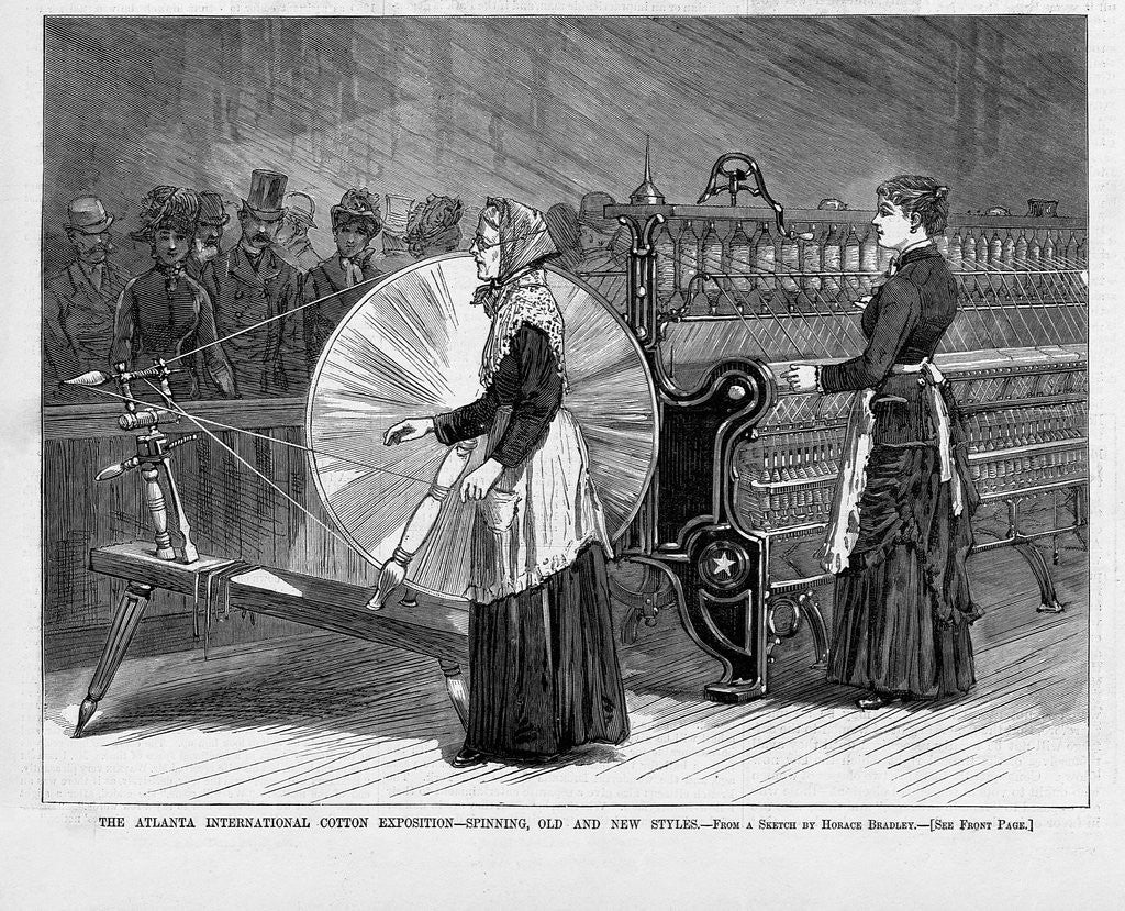 Detail of The Atlanta International Cotton Exposition - Spinning, old and new styles. From a sketch by Horace Bradley by Anonymous