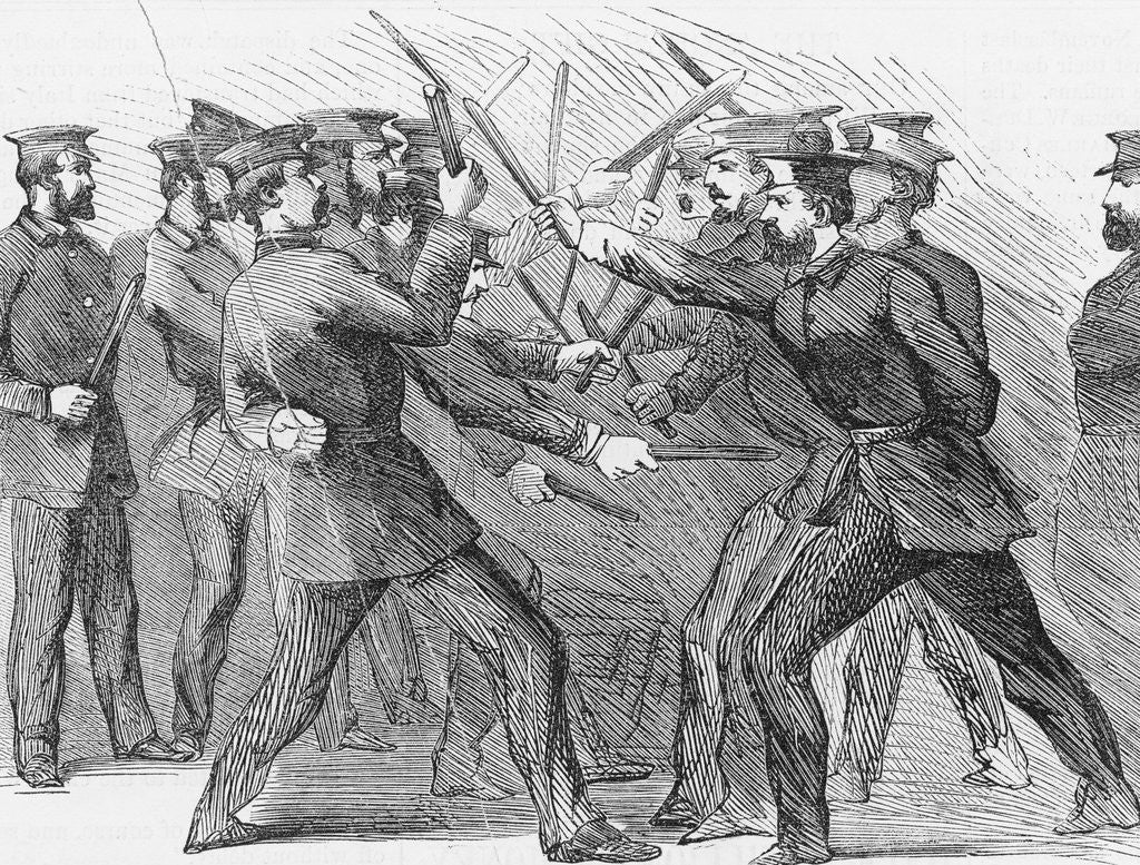 Detail of Illustration of Policemen Practicing Club Exercises by Corbis