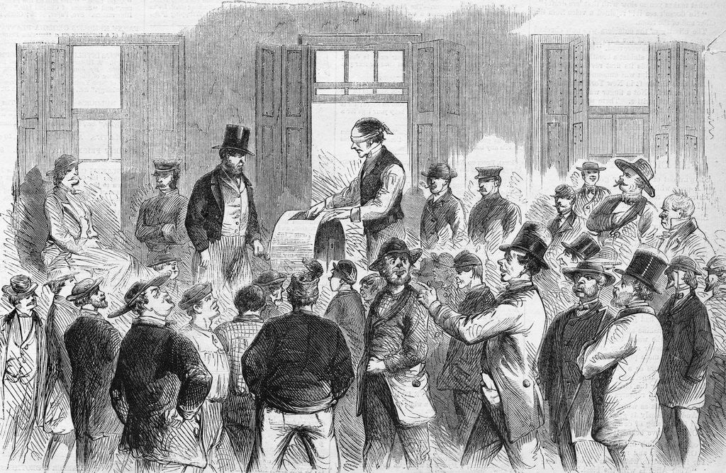 Detail of Illustration of Men Watching Names Being Selected for the Draft by Anonymous