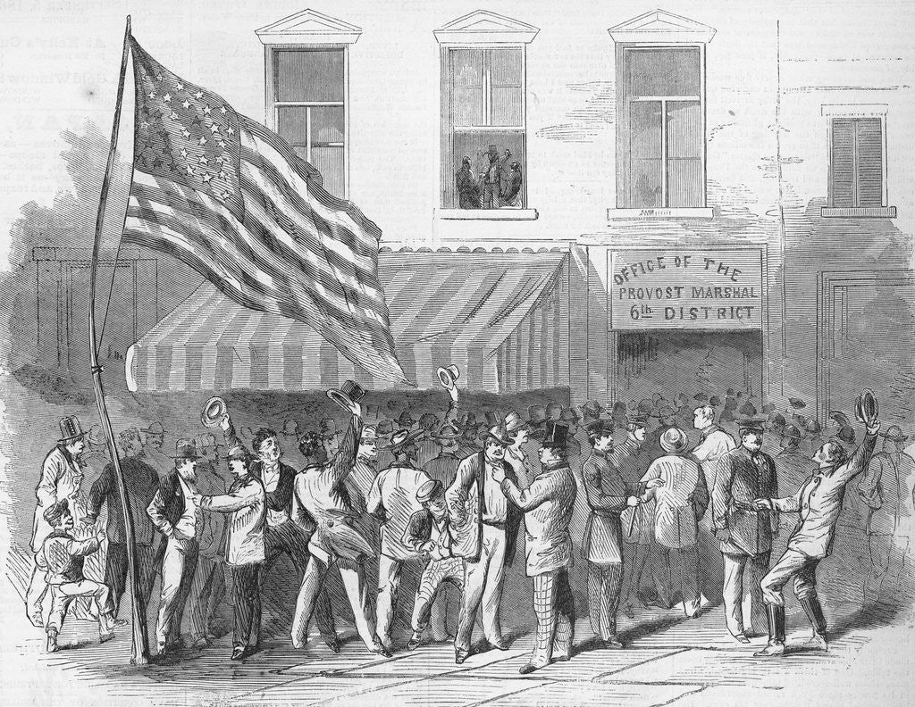 Detail of Illustration of Men Congregating Outside of the Provost Marshal's Office by Anonymous