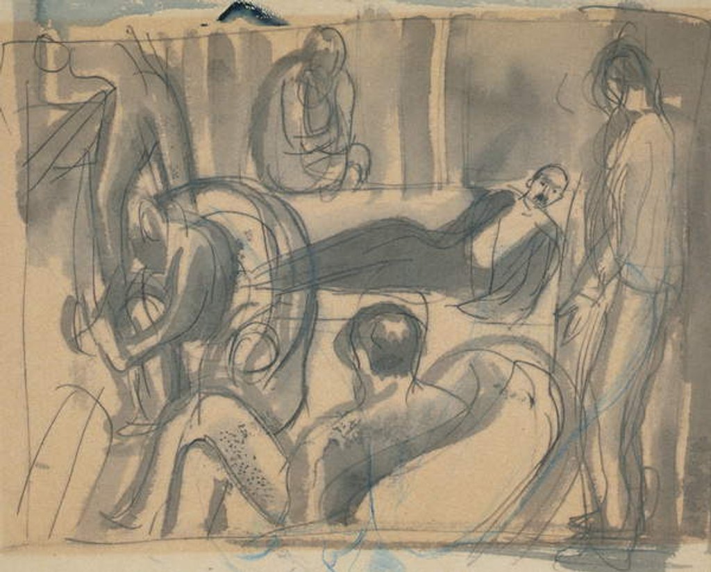 Detail of Maynard Keynes, Lytton Strachey and Others, c.1916 by Dora Carrington
