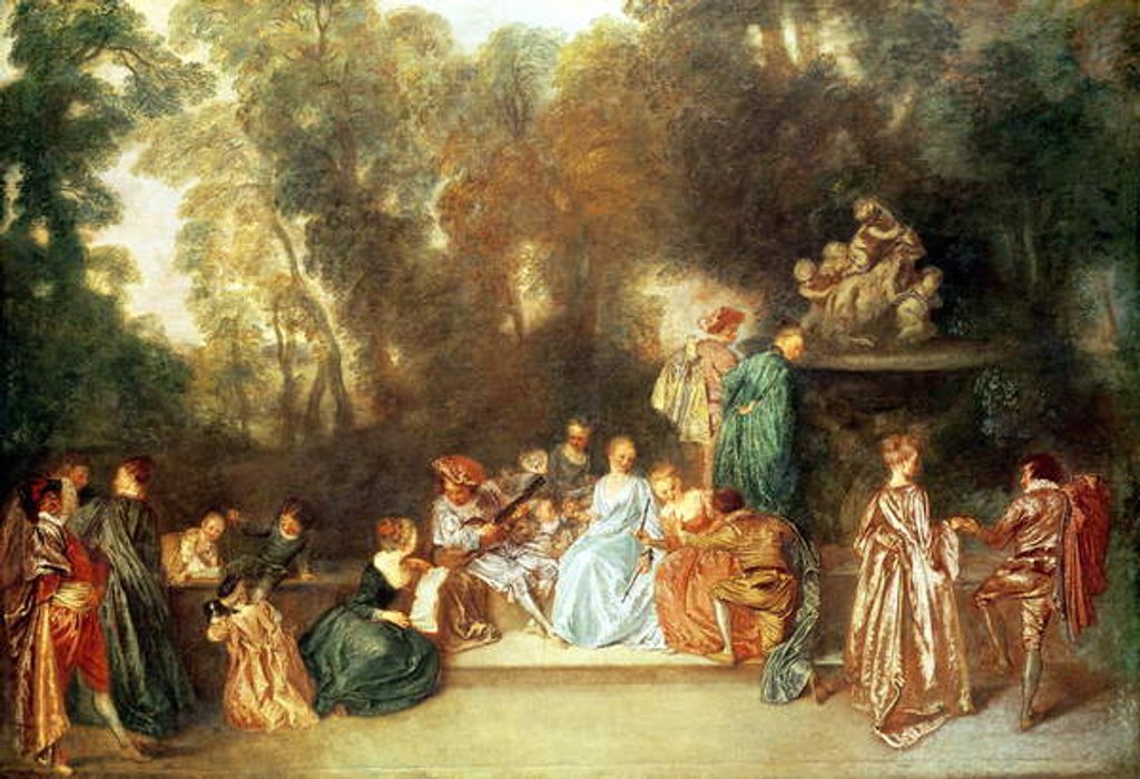 Detail of Fete galante with guitar player and a sculpture of putti playing with a ram, c.1717-19 by Jean Antoine Watteau