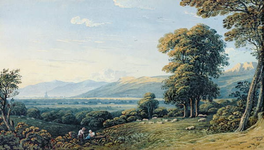 Detail of Figures resting on a hillside with a church spire beyond, 1825 by John Varley