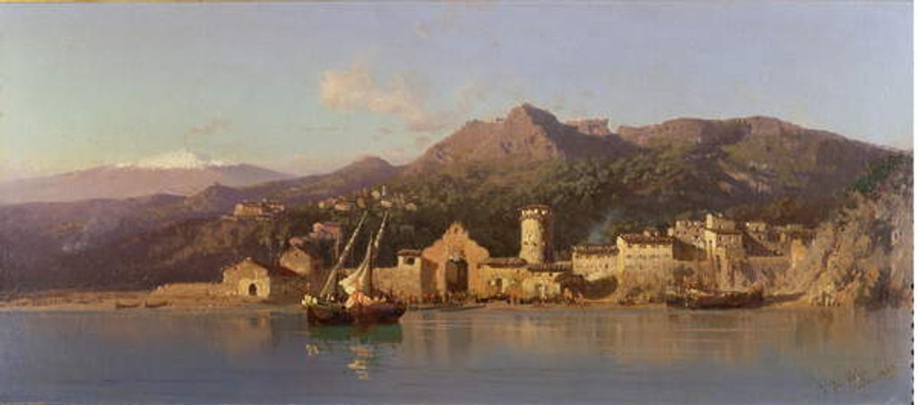 Detail of View of Taormina, Sicily, with Mount Etna in the background, 1868 by Alessandro la Volpe