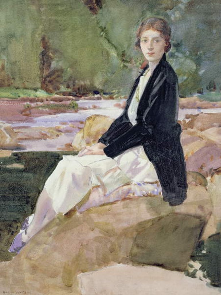 Detail of Young woman sitting upon rocks by Harry Watson