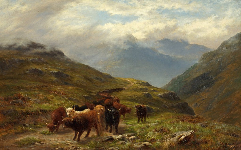Detail of Highland Cattle - A Mountain Road, near Ballachulish, Argyll by Louis Bosworth Hurt