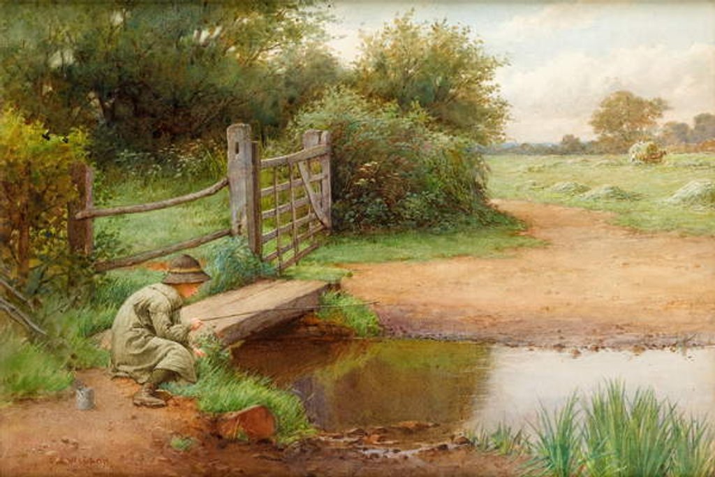 Detail of Trying his Luck, Fishing in the brook by Charles Edward Wilson