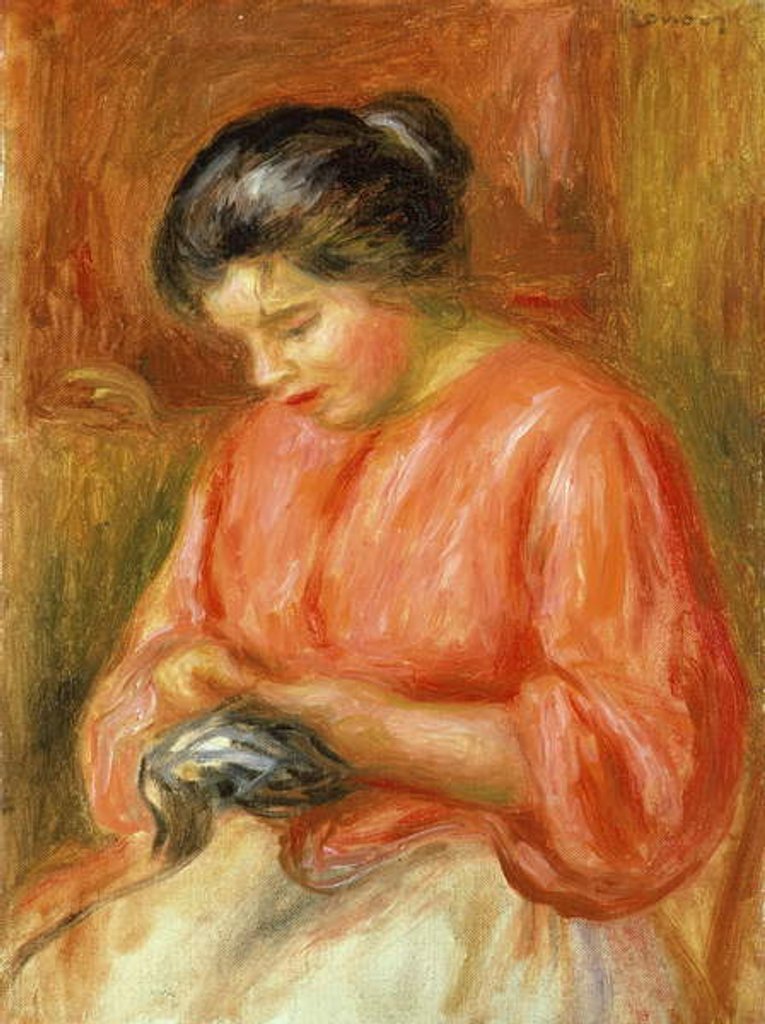 Detail of Girl in Red, Knitting by Pierre Auguste Renoir