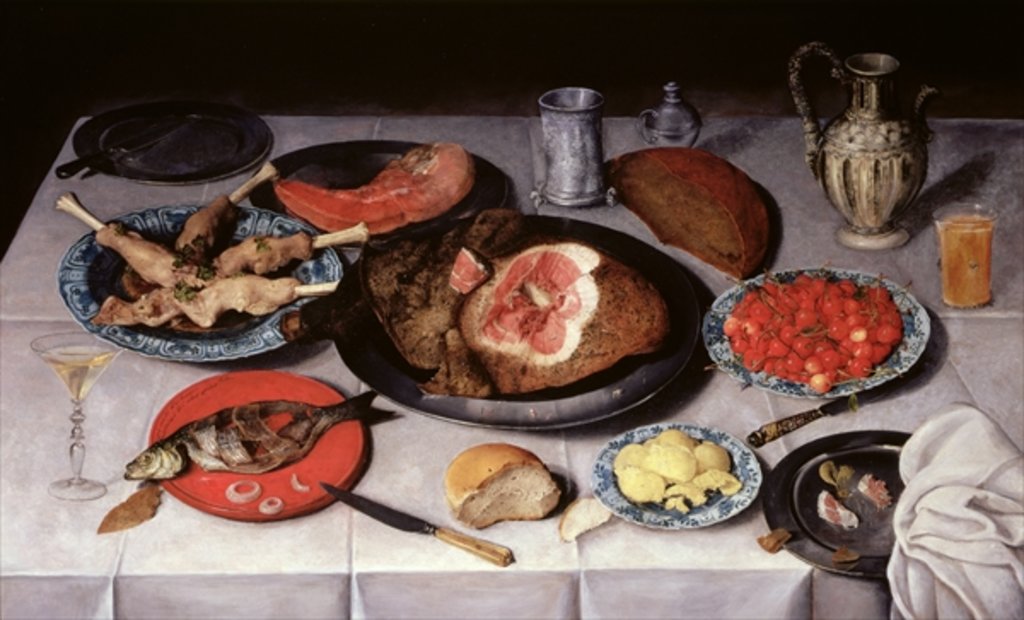 Detail of Breakfast piece with a fish, ham and cherries, 1614 by Jacob van Hulsdonck
