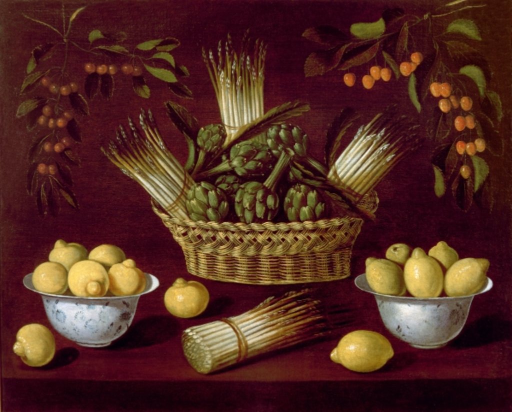 Detail of Still life with Asparagus, Artichokes, Lemons and Cherries by Blas de Ledesma