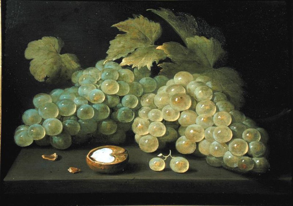 Detail of Grapes with half a walnut by Jacob Foppens van Es