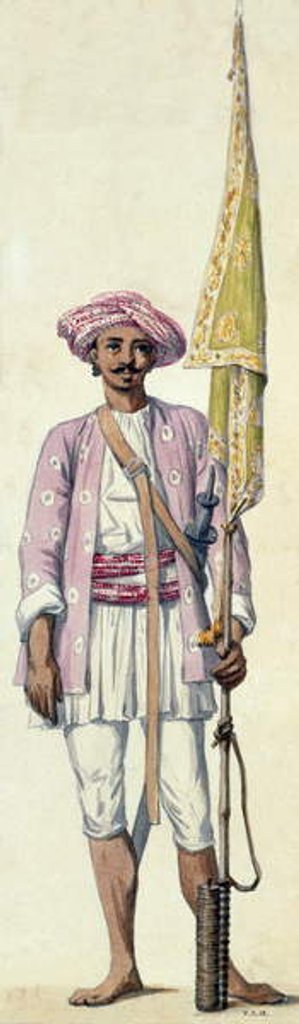 Detail of Indian soldier of Tipu Sultan's army, using his rocket as a flagstaff, Madras, 1793-94 by Robert Home