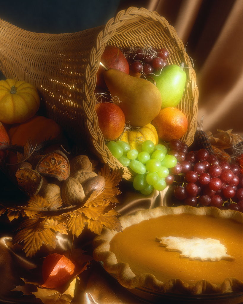 Detail of Basket of Fruit and Pumpkin Pie by Corbis