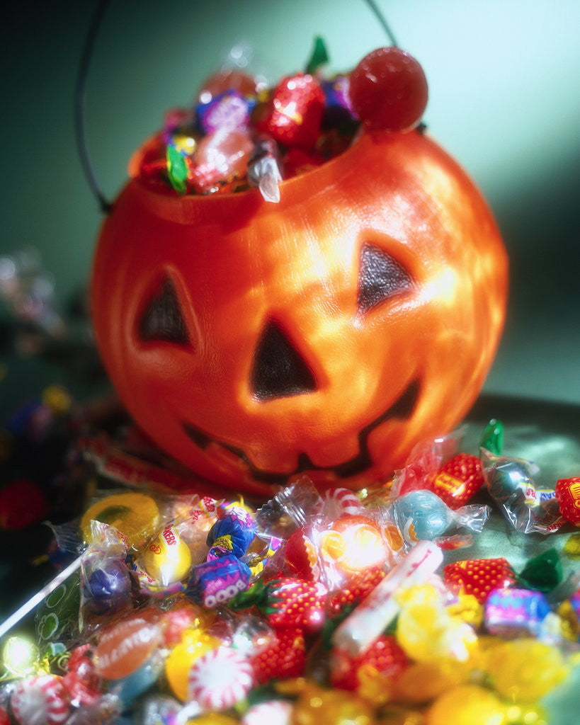 Detail of Halloween Candy in Jack O'Lantern Pail by Corbis