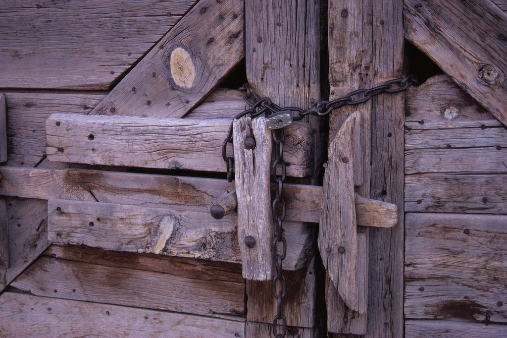 Detail of Chains and Lock on Weathered Barn Door by Anonymous