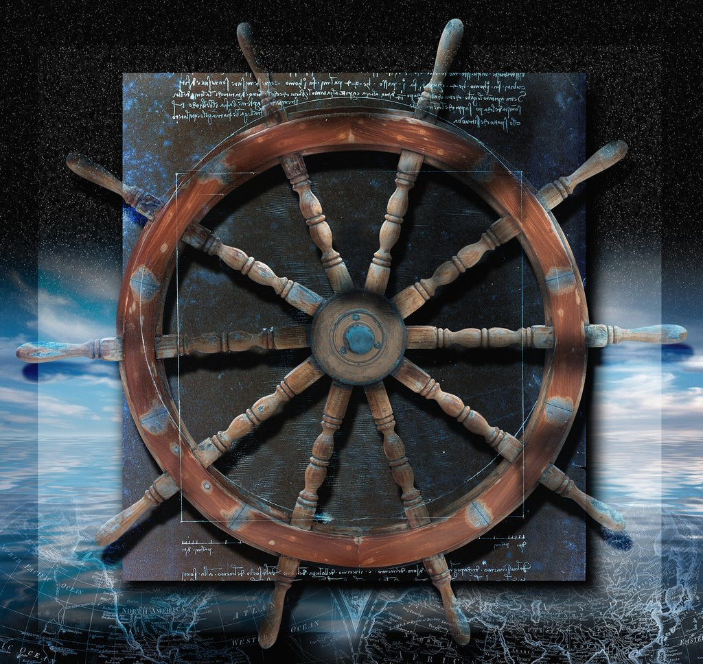 Detail of World Map and Ship's Wheel by Anonymous