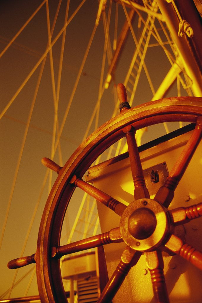 Detail of Wooden Steering Wheel on Sailboat by Anonymous