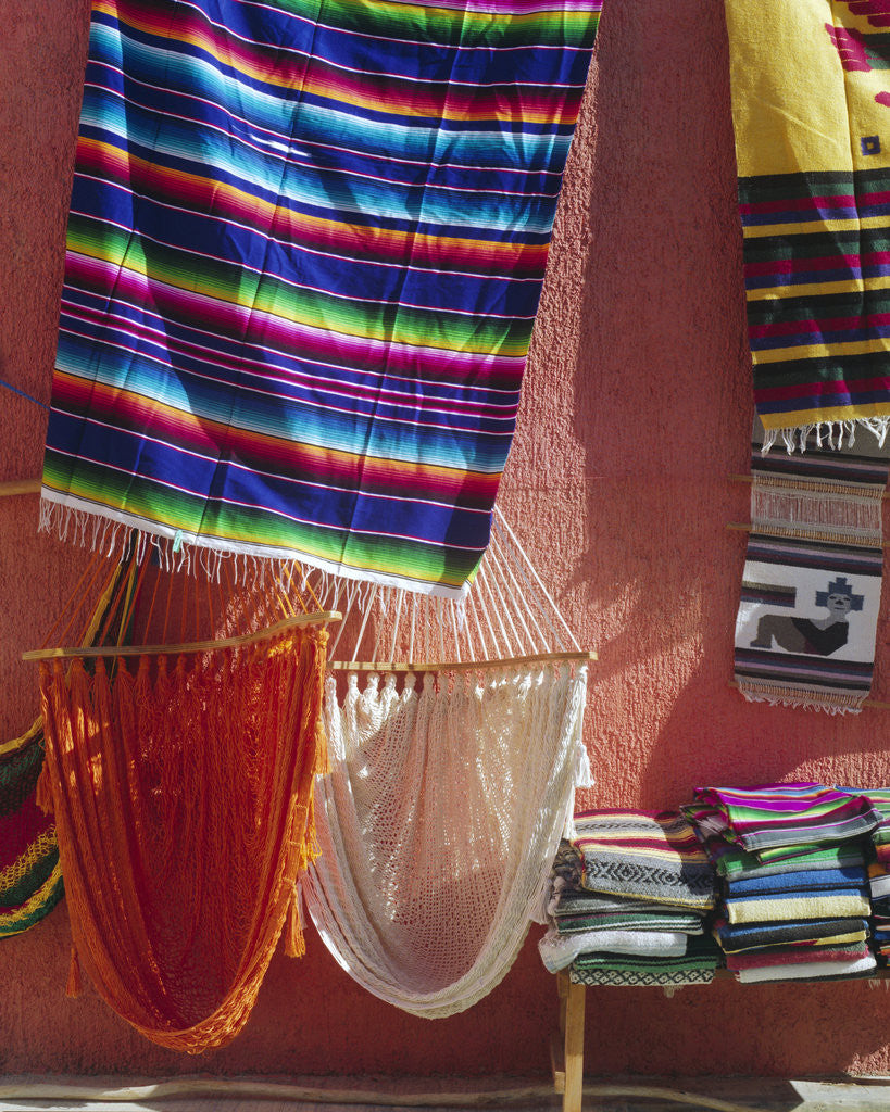 Detail of Hammocks and Serapes on Display in Market by Anonymous