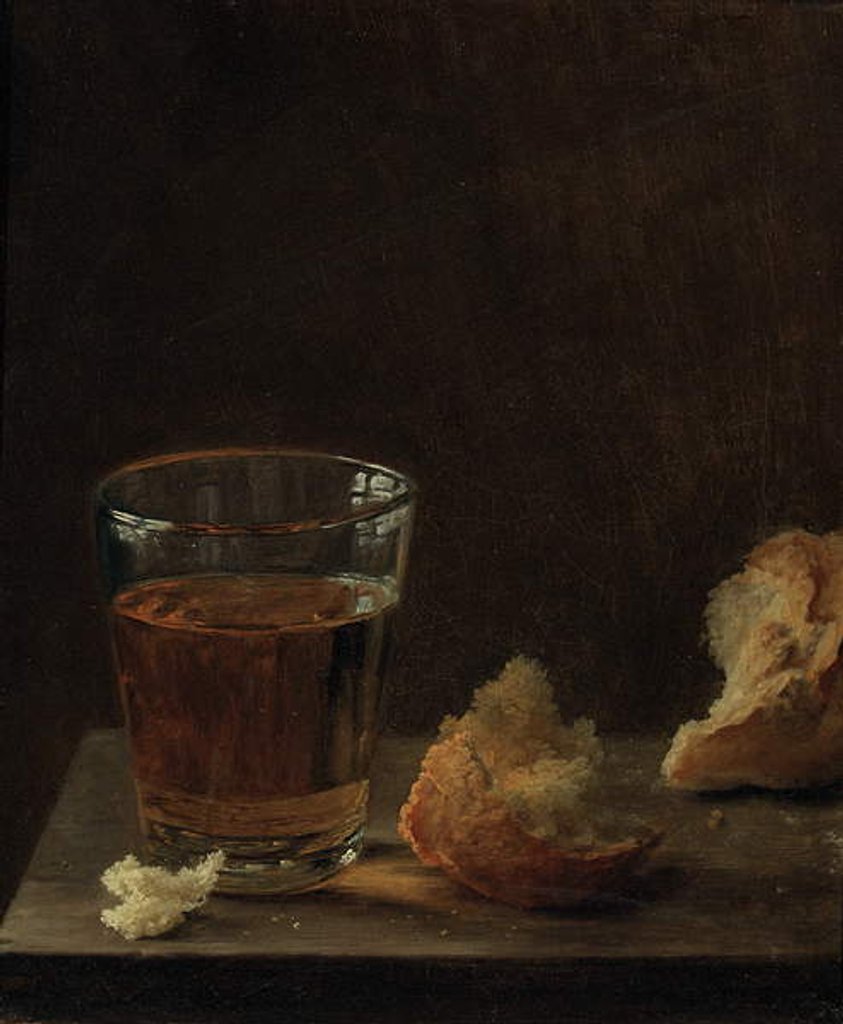 Detail of A glass of beer and a bread roll on a table by Balthasar Denner