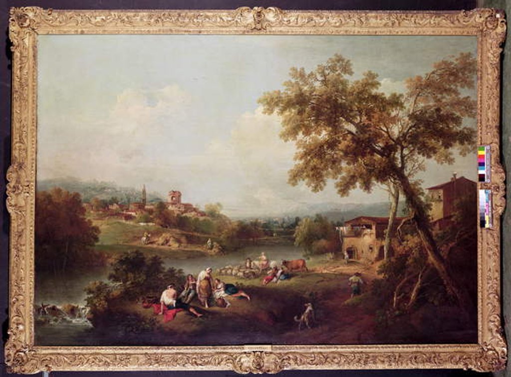 Detail of An Extensive River Landscape with a Village by Francesco Zuccarelli