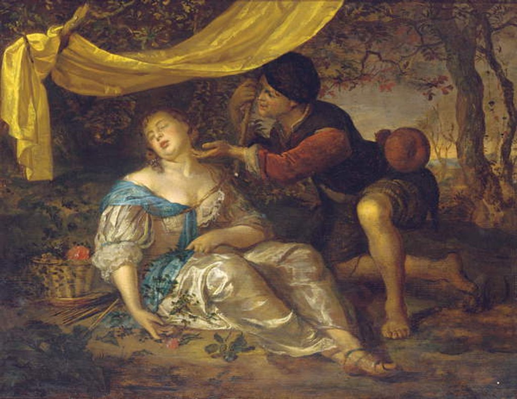 Detail of A shepherd kneeling over a lady sleeping under a canopy in a wooded landscape by Karel de Moor