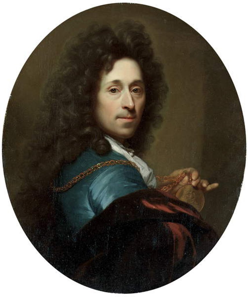 Detail of Portrait of the artist in a blue coat and brown velvet cape, with a medallion of the Elector Palatine, Johann Wilhelm by Godfried Schalken or Schalcken