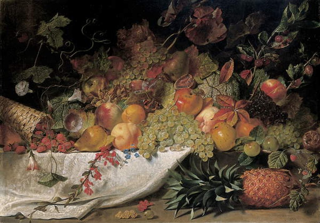 Detail of Fruit and flowers on a stone ledge, 1829 by George Lance