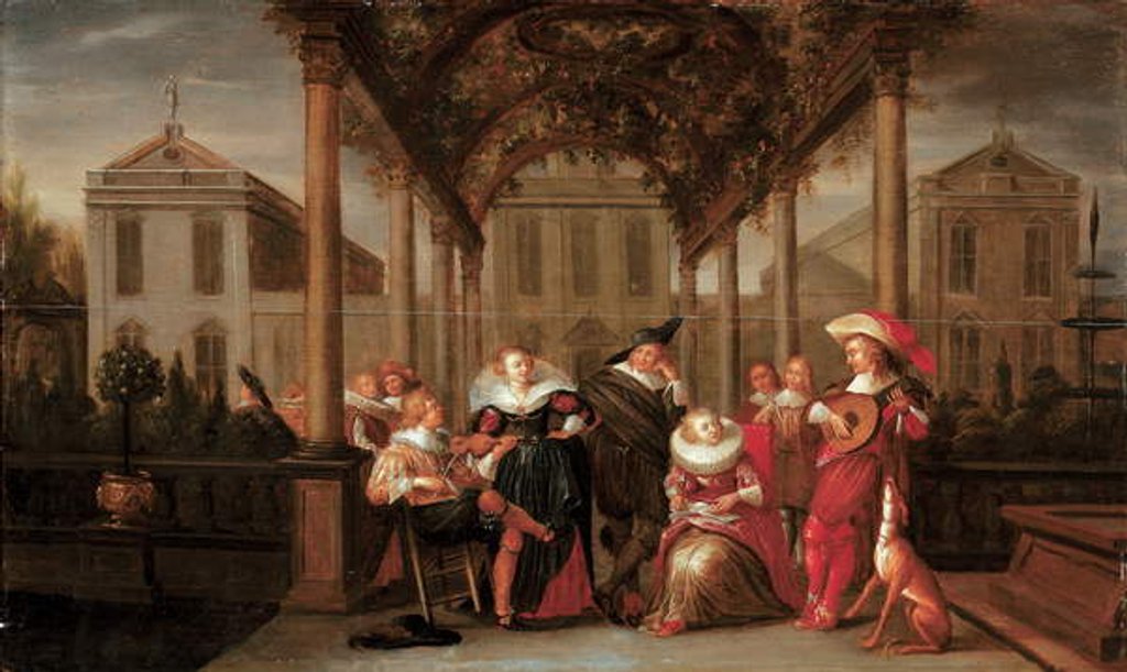 Detail of A merry company playing music under a flowered porch in a garden by Dirck Hals