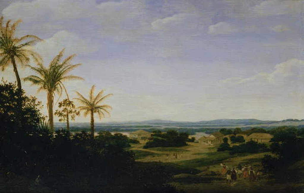 Detail of Brazilian Landscape with the Portuguese Residence, the Church and the Casa Granda, the River Varzea Beyond by Frans Jansz Post
