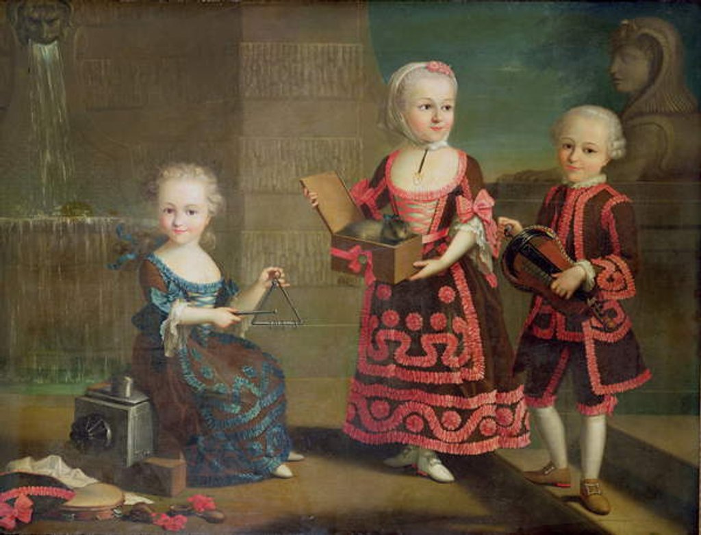 Detail of A group portrait of a girl with a marmoset in a Box, a girl with a triangle sitting on a magic lantern and a boy with a hurdy-gurdy by Francois-Hubert Drouais