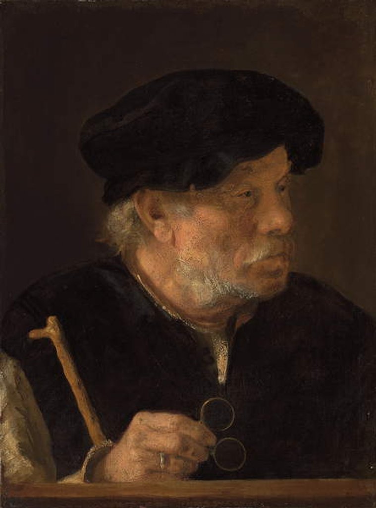 Detail of A man, bust-length, holding a cane and his spectacles, by a wooden ledge by Karel van der Pluym