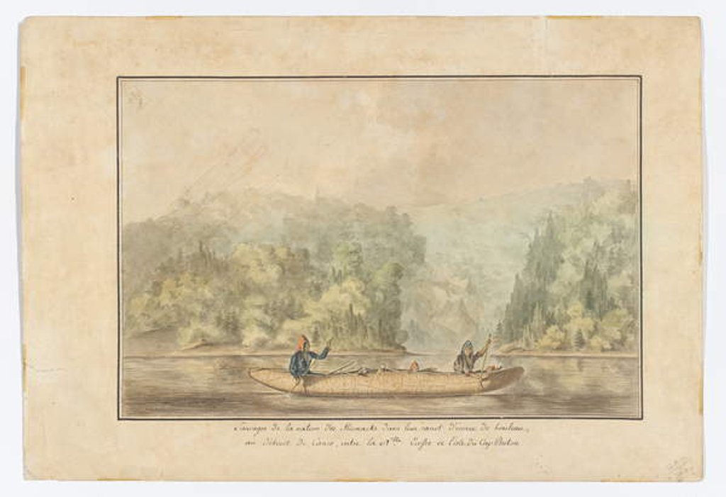 Detail of Micmacks in their birchbark canoe; Strait of Canso between Nova Scotia in the island of Cape Breton by French School