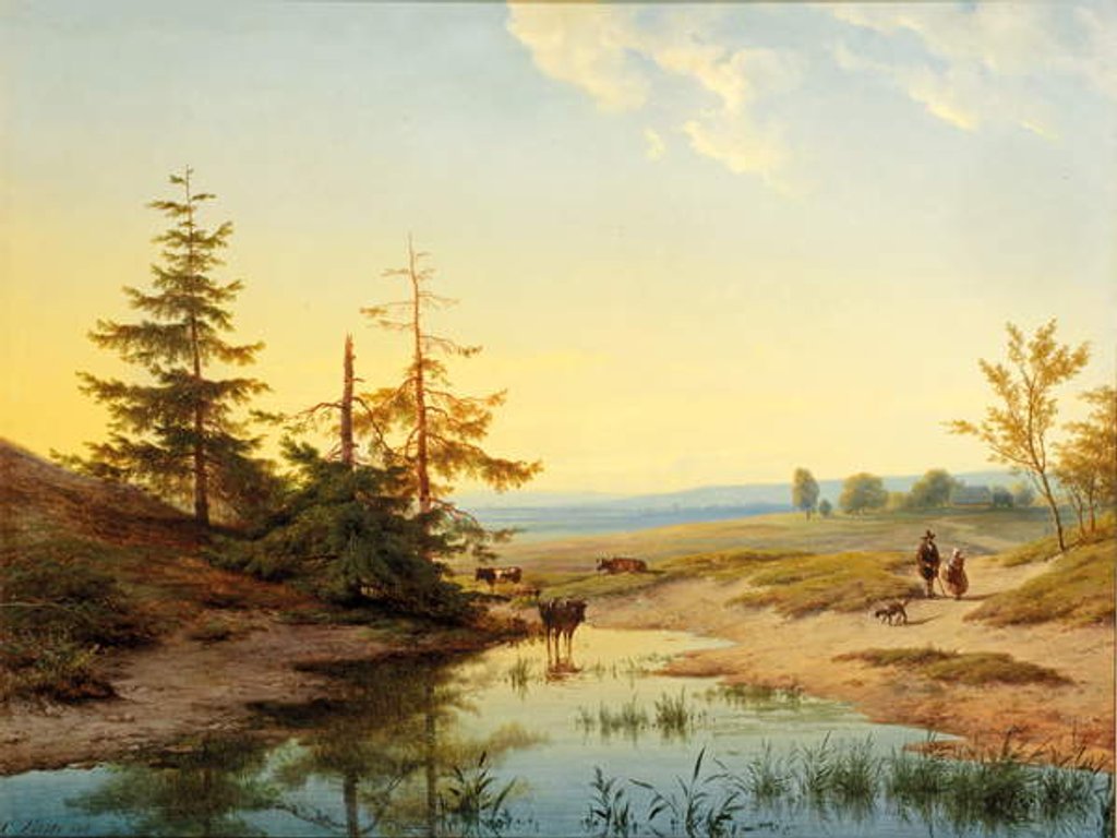 Detail of A moorland with figures and cattle by a pond by Cornelis Lieste