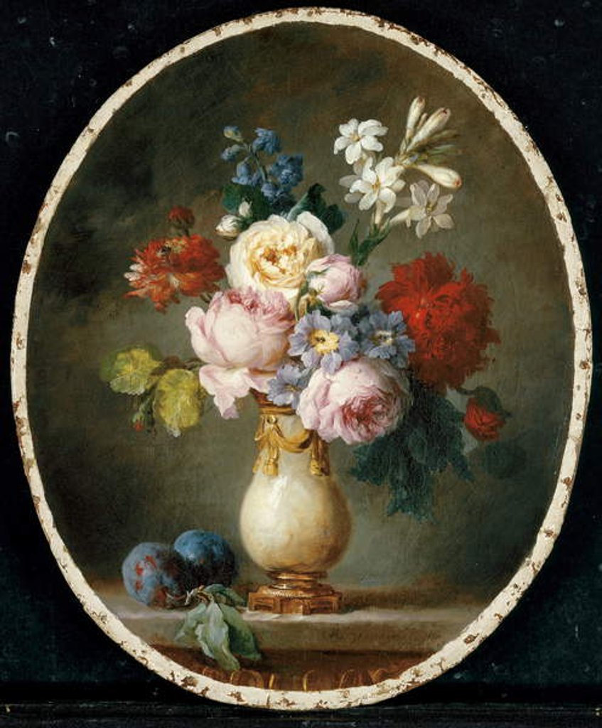 Detail of A vase of flowers and two plums on a marble tabletop, 1781 by Anne Vallayer-Coster