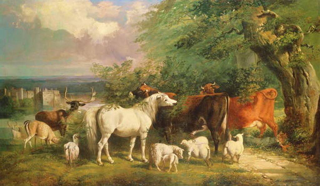 Detail of Haddon Hall with Sheep, Cattle, a Stag and a Pony by Henry Barraud