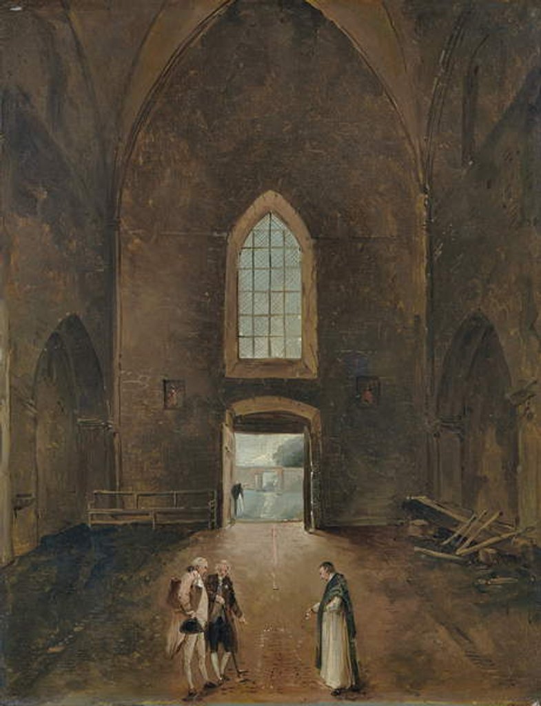 Detail of Hubert Robert and an amateur visit a grave in a church by Hubert Robert