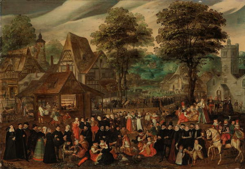 Detail of A village festival with elegantly dressed figures in procession, a river and tower beyond by Joris Hoefnagel