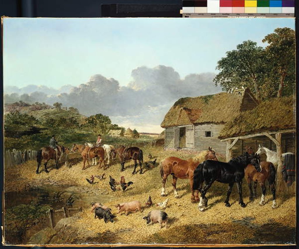 Detail of Horses drinking from a water trough, with pigs and chickens in a farmyard by John Frederick Jr. Herring