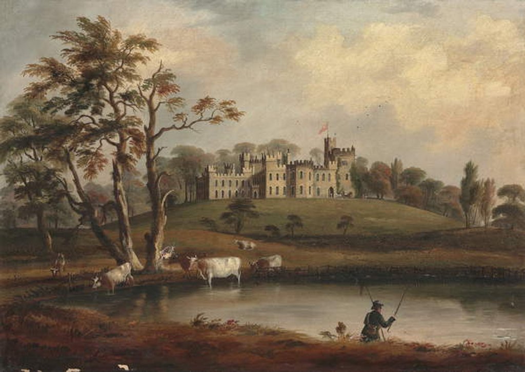 Detail of A view of Hornby Castle, Yorkshire, with an angler and cattle on the banks of the river Wenning by J. Miller