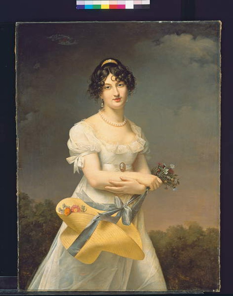 Detail of Portrait of Amélie-Justine Laidin de la Bouterie, nee Pontois, holding a hat filled with flowers by Adele Romany