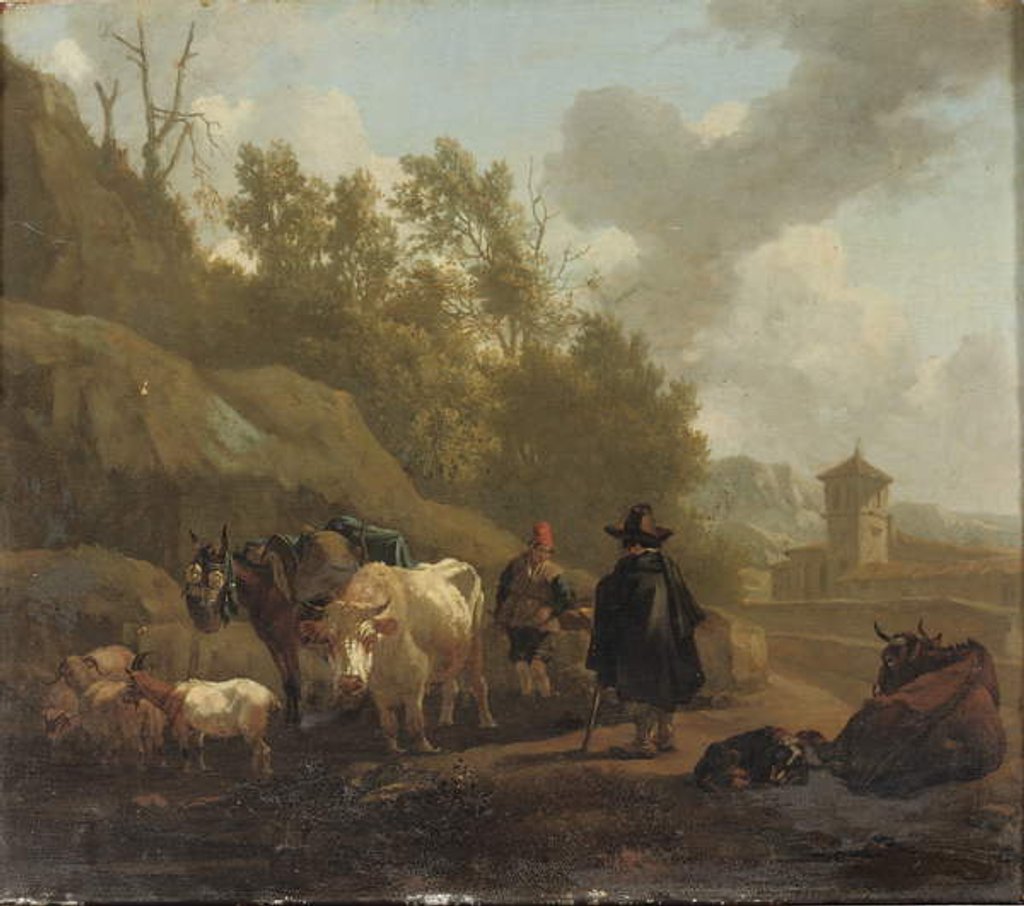 Detail of A cowherd and cattle in an Italianate landscape by Willem Romeyn