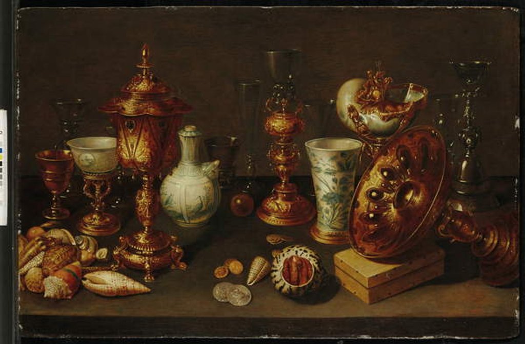 Detail of Still life with shells, with nautilus, vases, glasses and coral branches by David II Ryckaert