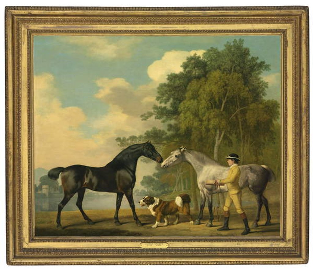 Detail of Two hunters with a young groom and a dog by a lake, 1778 by George Stubbs