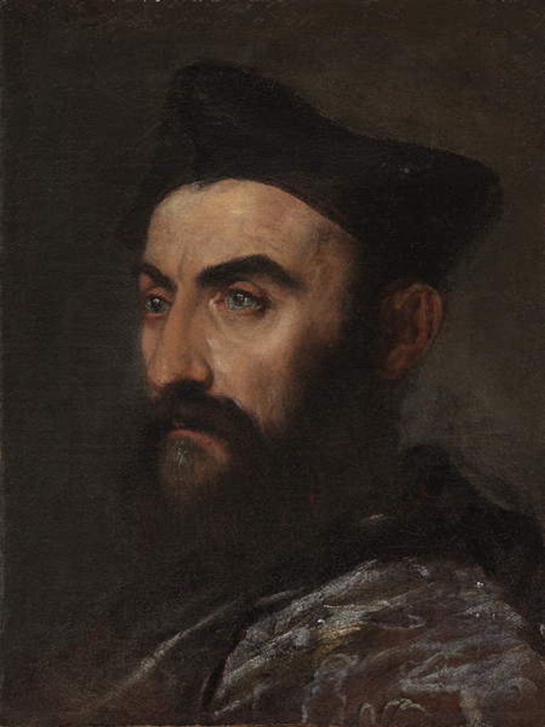 Detail of Portrait of a cleric, bust-length, in a blue coat and black hat - a fragment by Titian