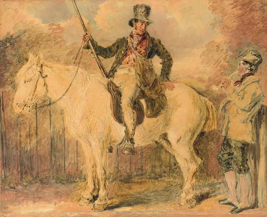 Detail of A gamekeeper on a horse and another man conversing by William Henry Hunt